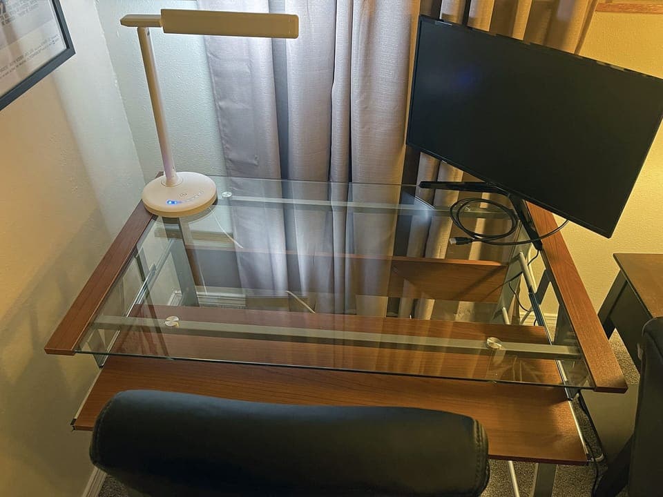 Dedicated Workspace -2nd monitor HDMI cable, desk lamp, keyboard & gaming-chair.