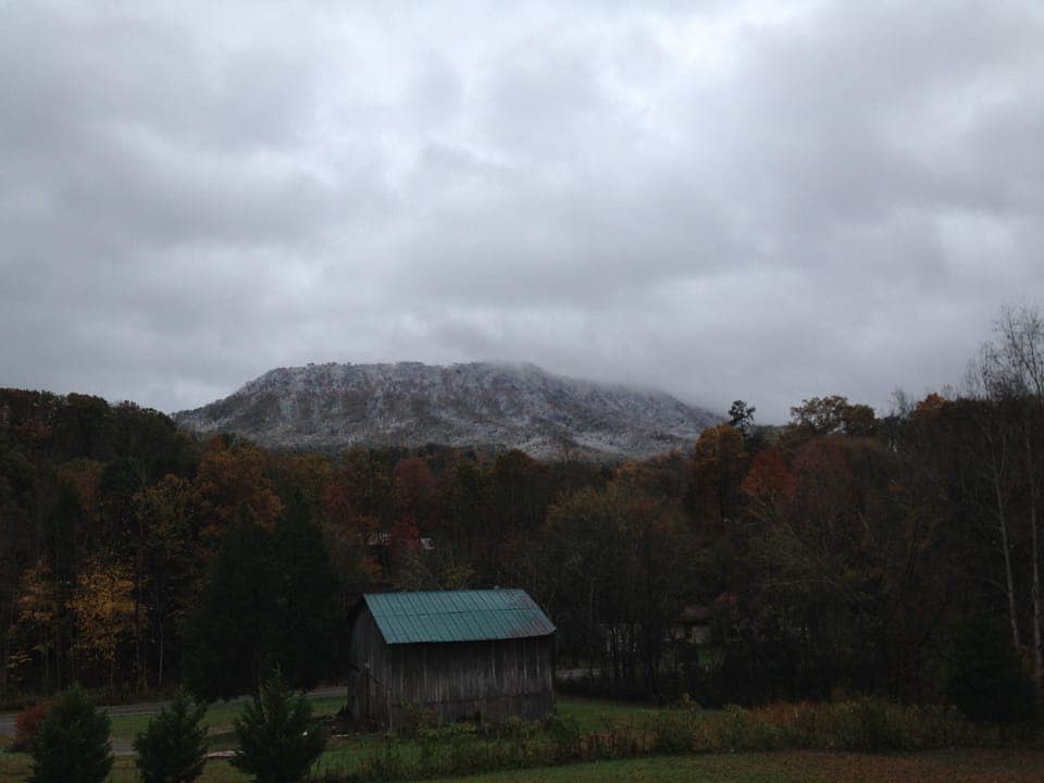 Beautiful snow covered Bluff Mountain view from the 40 ft. front porch.