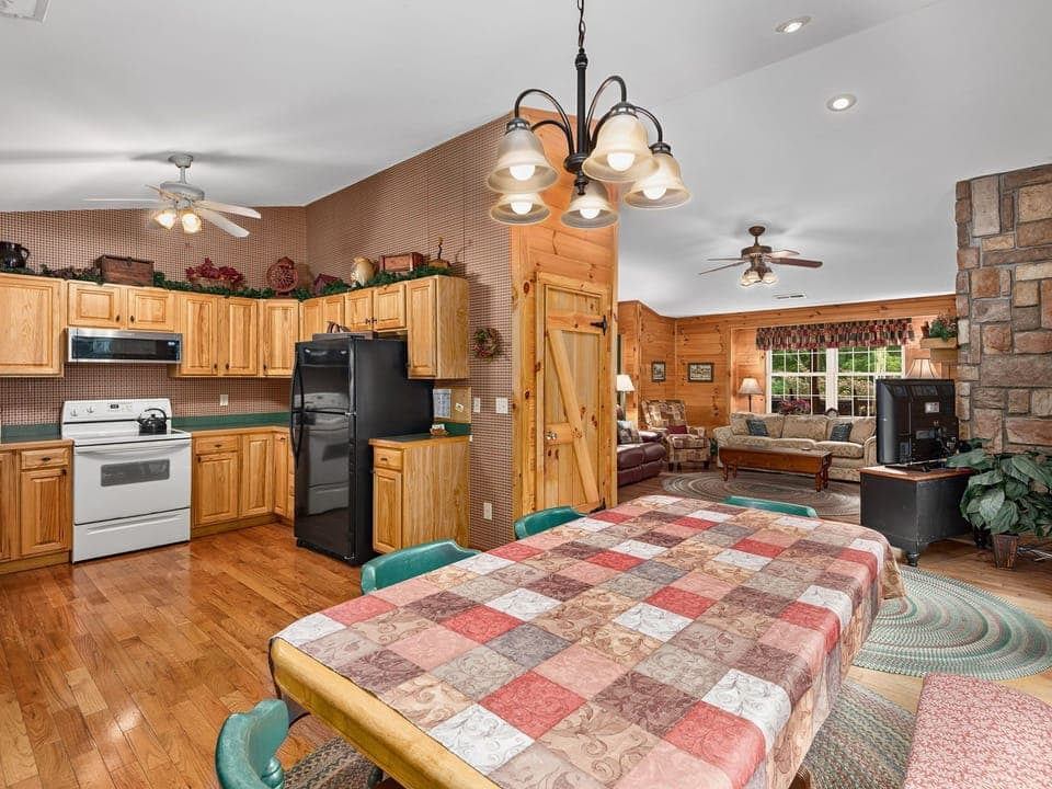 kitchen, dining, living room