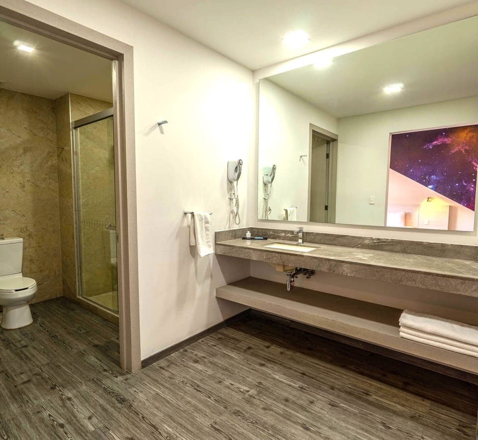 Shower, free toiletries, hair dryer, towels