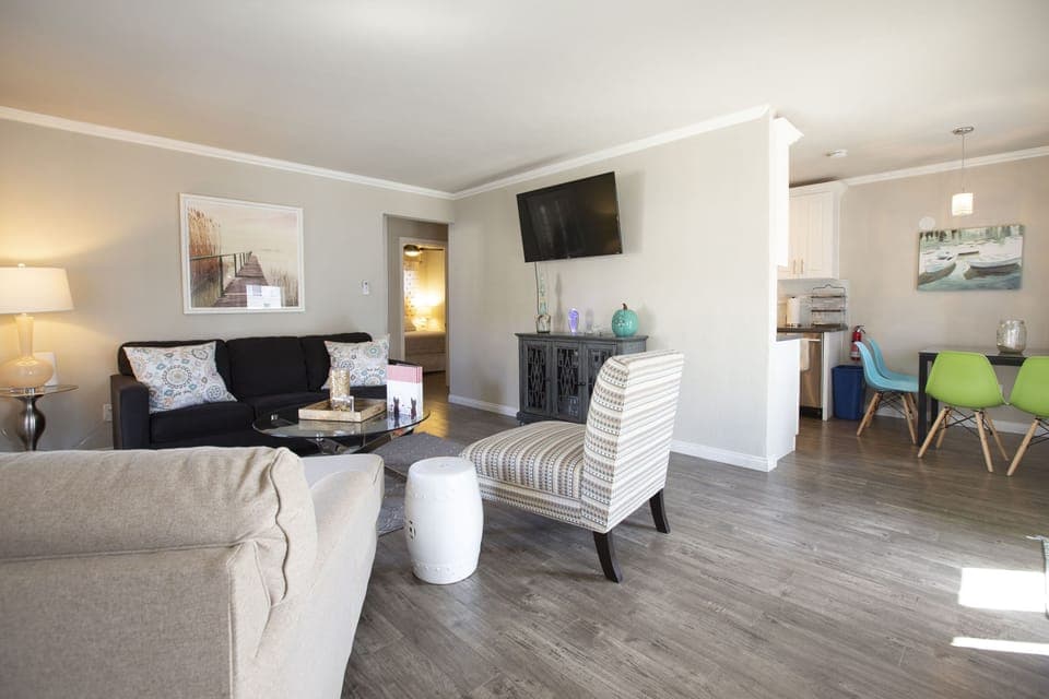 Contemporary style living space with 48” Smart TV