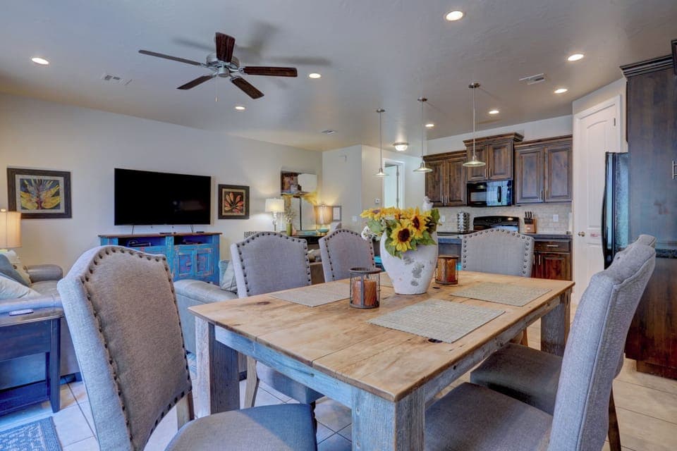 Open concept kitchen, dining, and living area