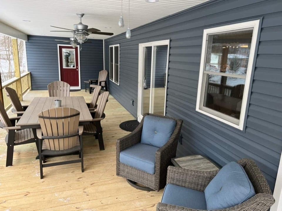 Enormous deck with tons of seating and right on the beautiful Buckhannon River.