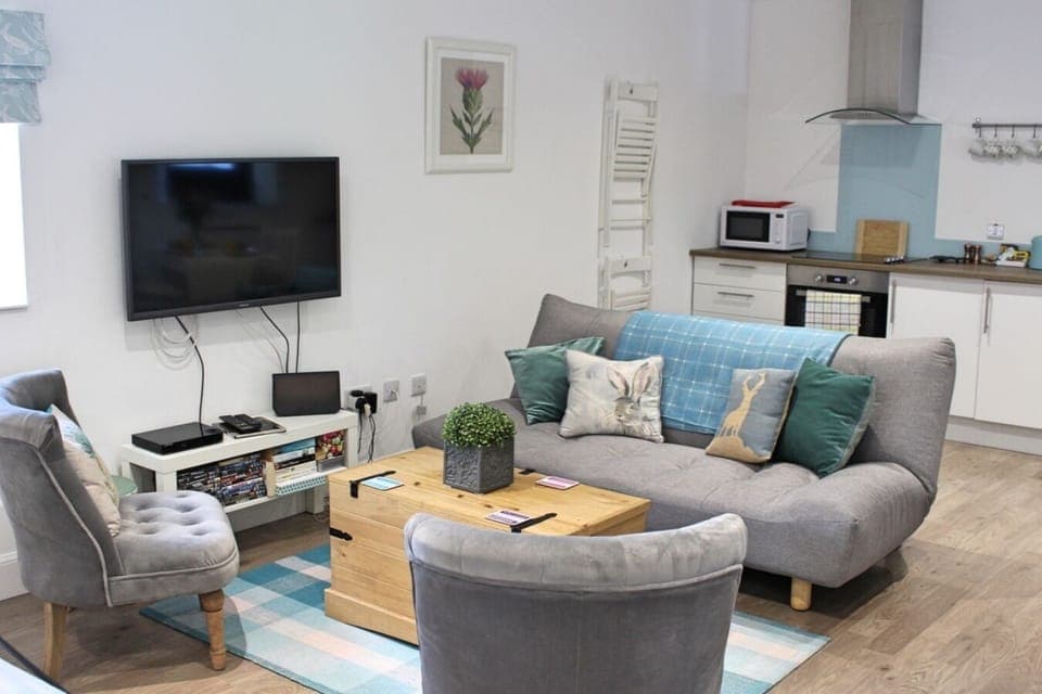 View of the living space from the bed