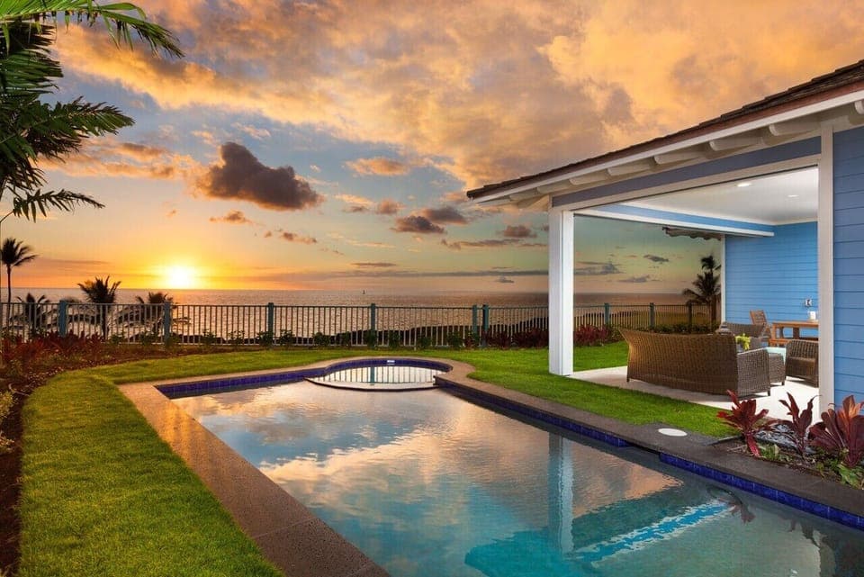 Private pool and outdoor seating overlooking golf course and Ocean Views