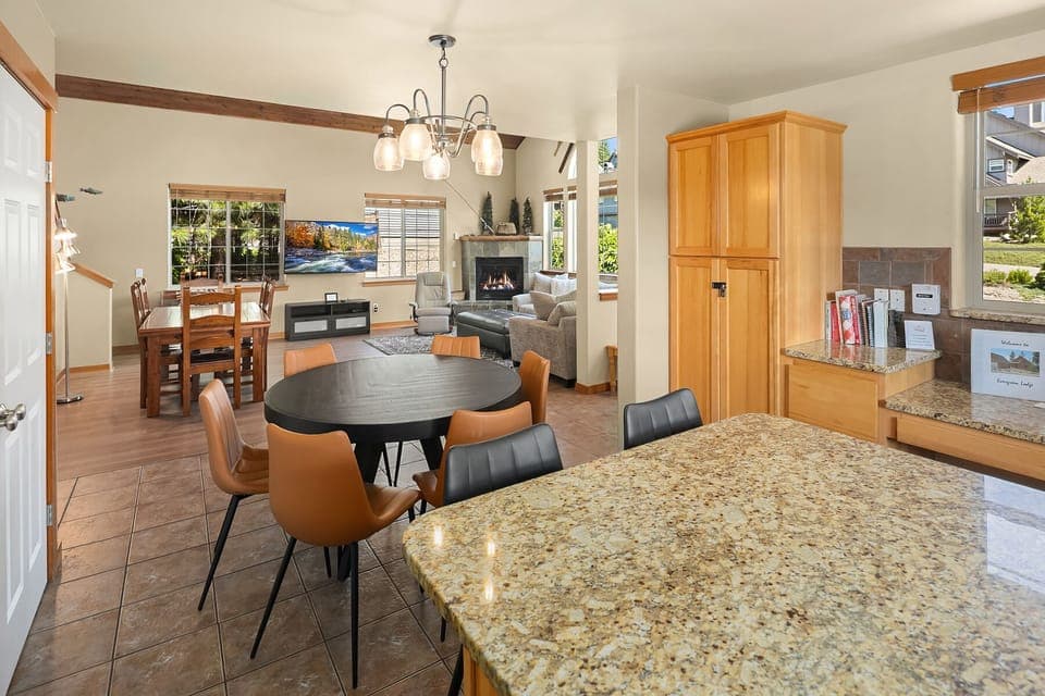 Evergreen Lodge. - View from the kitchen looking out towards the dining area/great room.