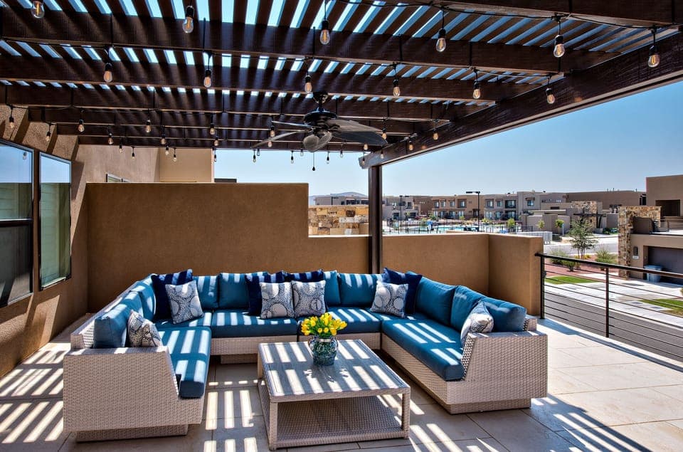 Upstairs Patio Overlooking Community Pool - From the covered patio you can overlook the community pool and watch the kids play and enjoy the neighborhood amenities.