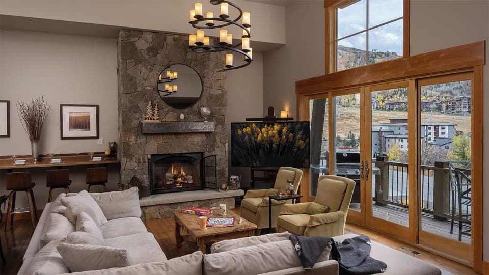 Great room with fireplace and views