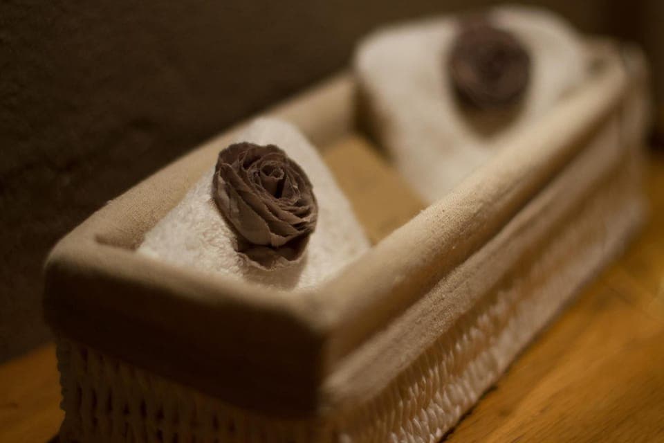 Designer toiletries, hair dryer, bidet, towels