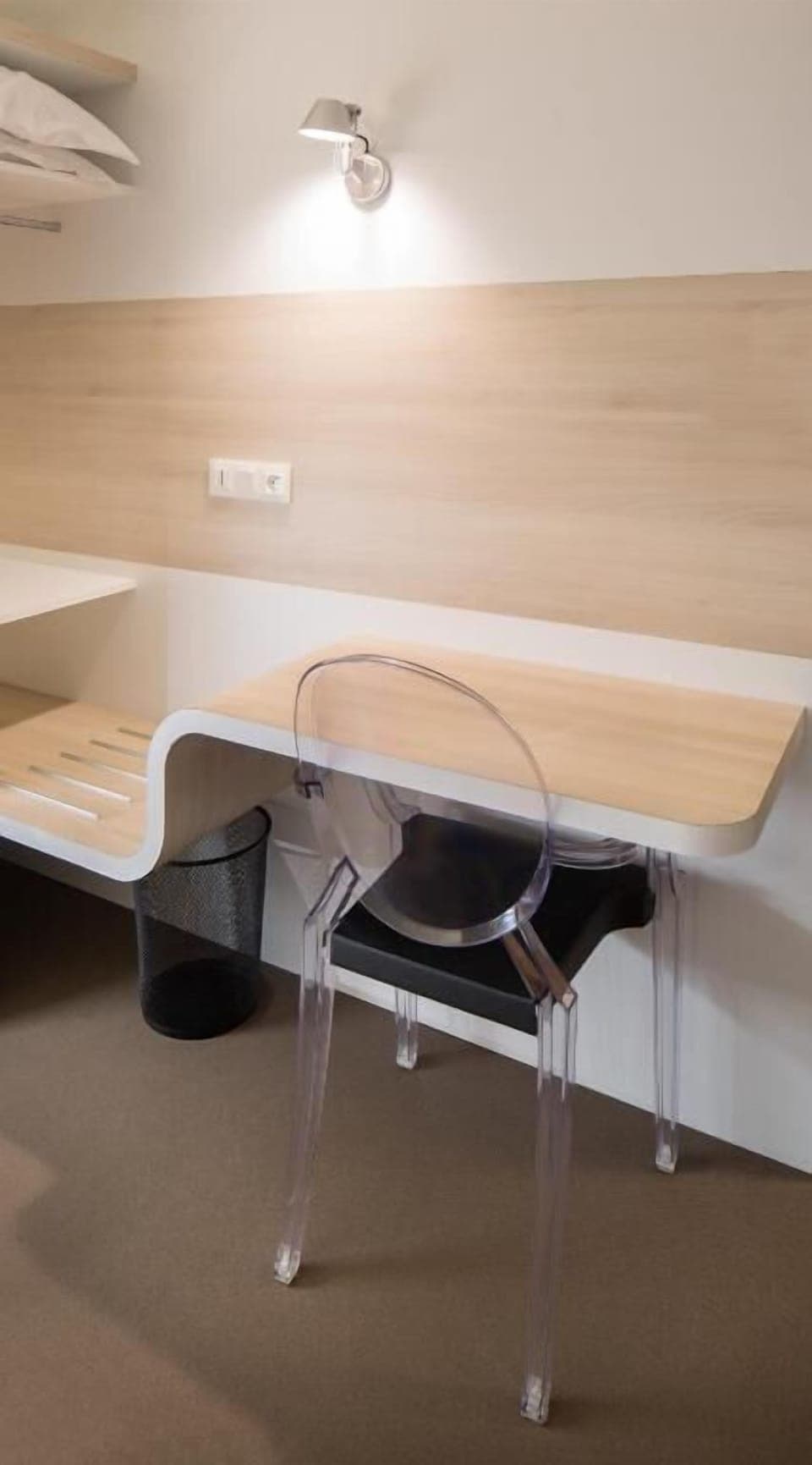 Desk, laptop workspace, blackout drapes, iron/ironing board