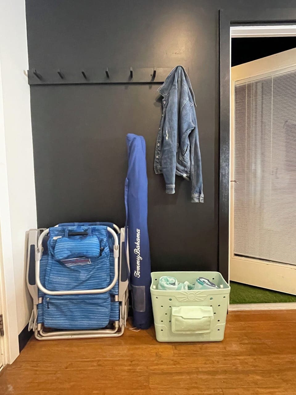 Beach essentials including two small beach towels