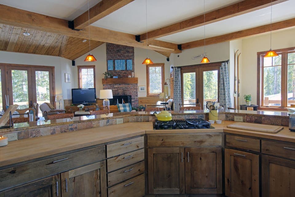 Looking into the open area from the large kitchen.