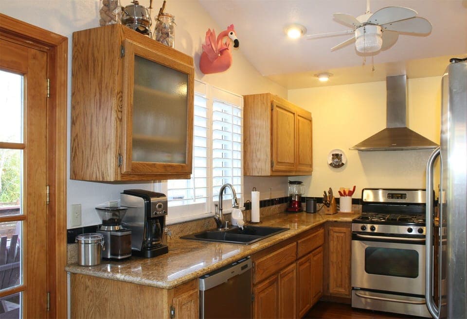 Kitchen faces the back deck