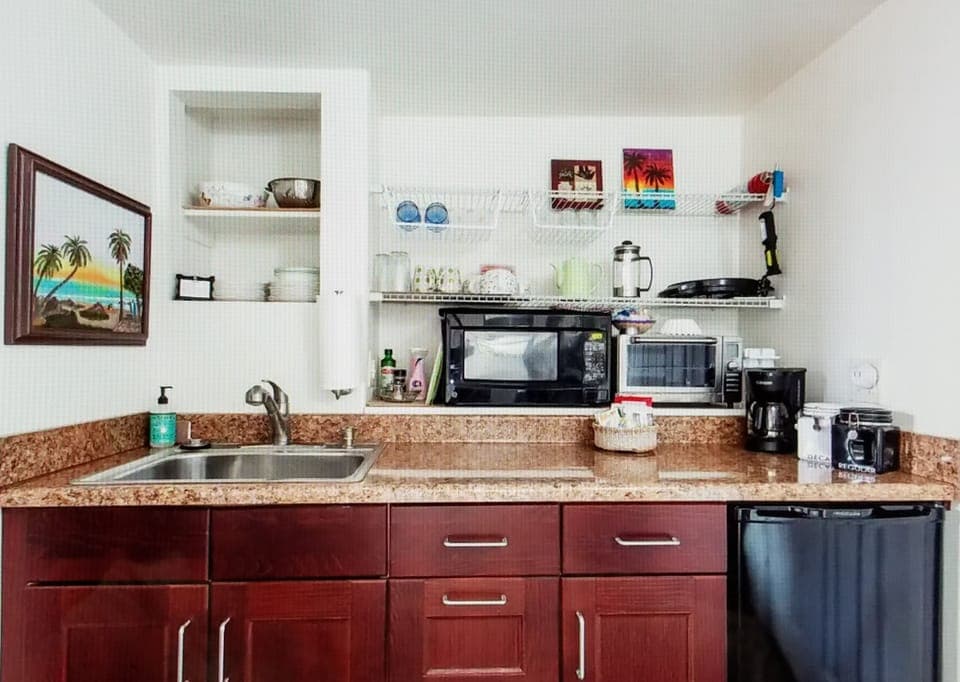 mini frig, microwave, toaster oven, coffee maker, cook top, dishes etc...