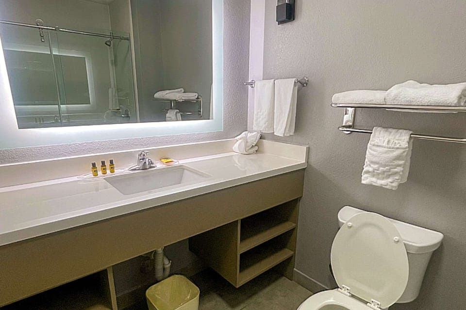 Combined shower/tub, free toiletries, hair dryer, towels