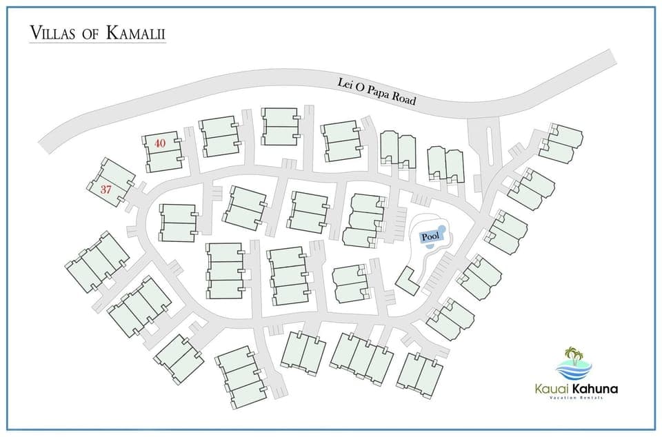 A map of the complex. Note that Villas of Kamali'i 37 is closer to Leo O Papa road, however you won't be bothered by road noise as this is a private, gated community.