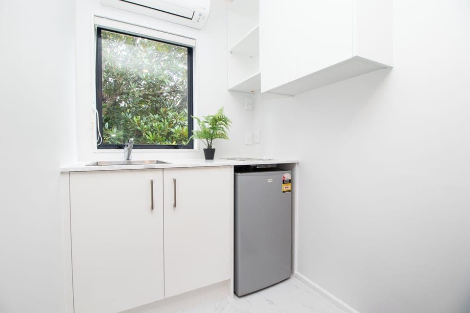 Fridge, coffee/tea maker, toaster, cookware/dishes/utensils