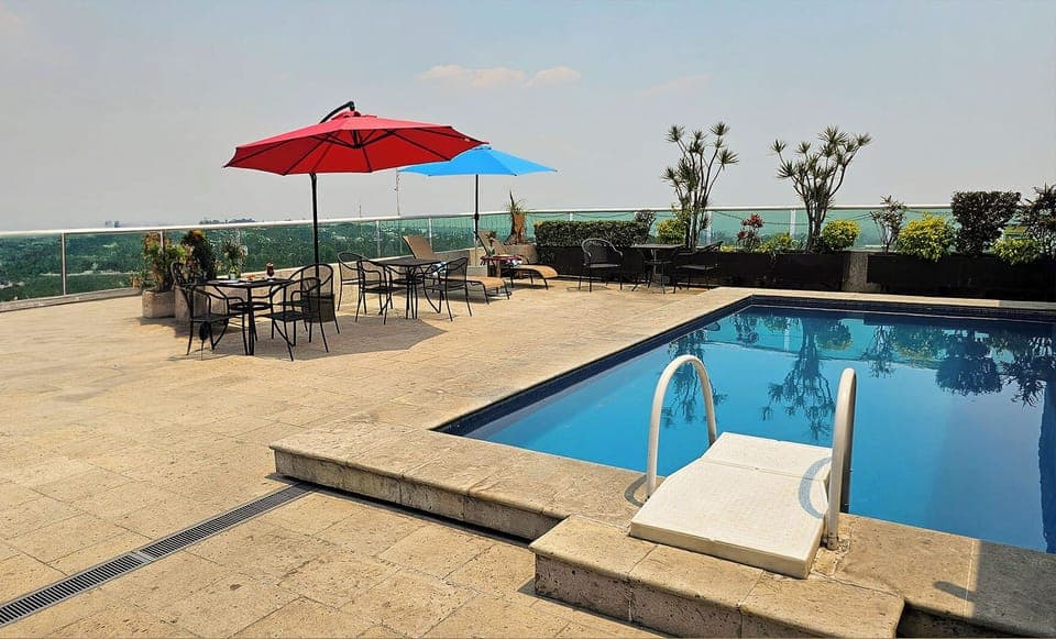 Outdoor pool, pool umbrellas