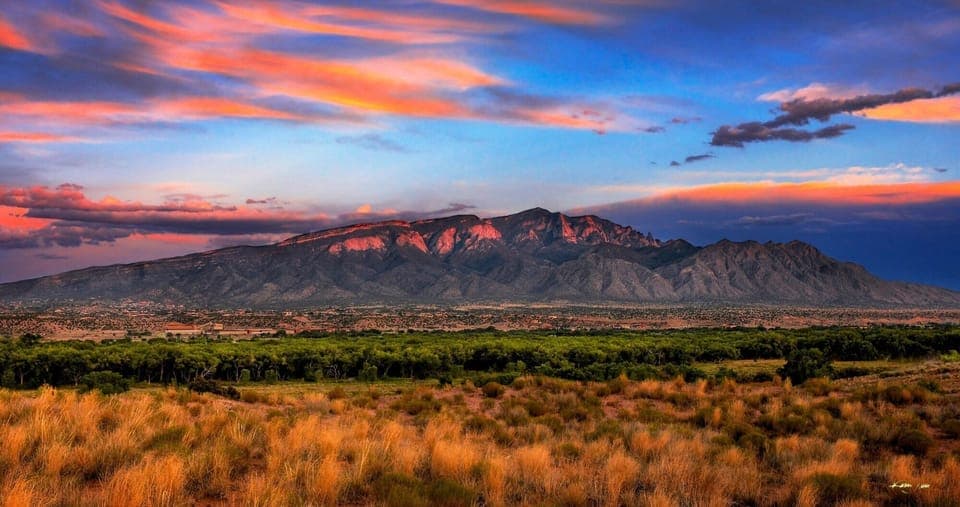 Sandia Mountains at golden hour. Sandia translates to Watermelon in Spanish.