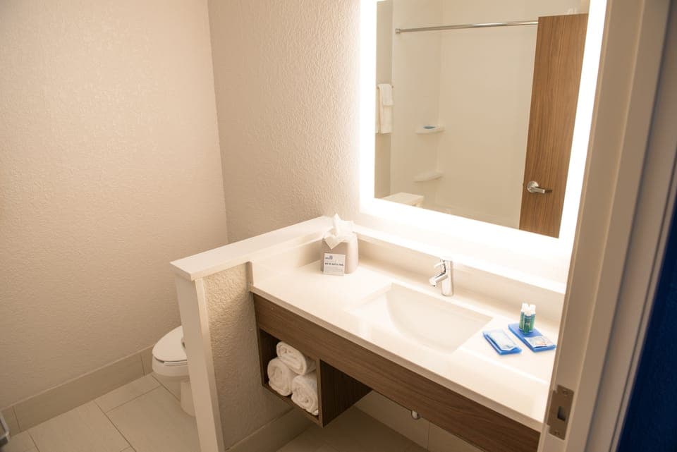 Eco-friendly toiletries, hair dryer, towels, soap