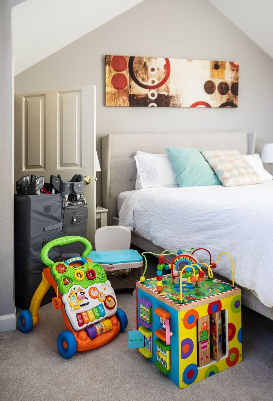 Kid friendly.  Two pack and plays, booster seat, and toys.