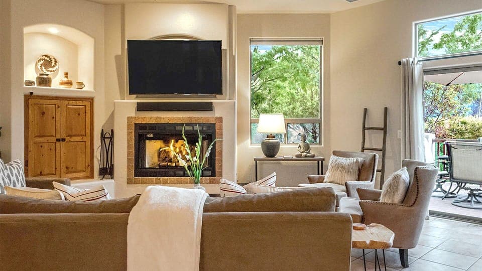 Gather around the easy to use gas fireplace during cool evenings.