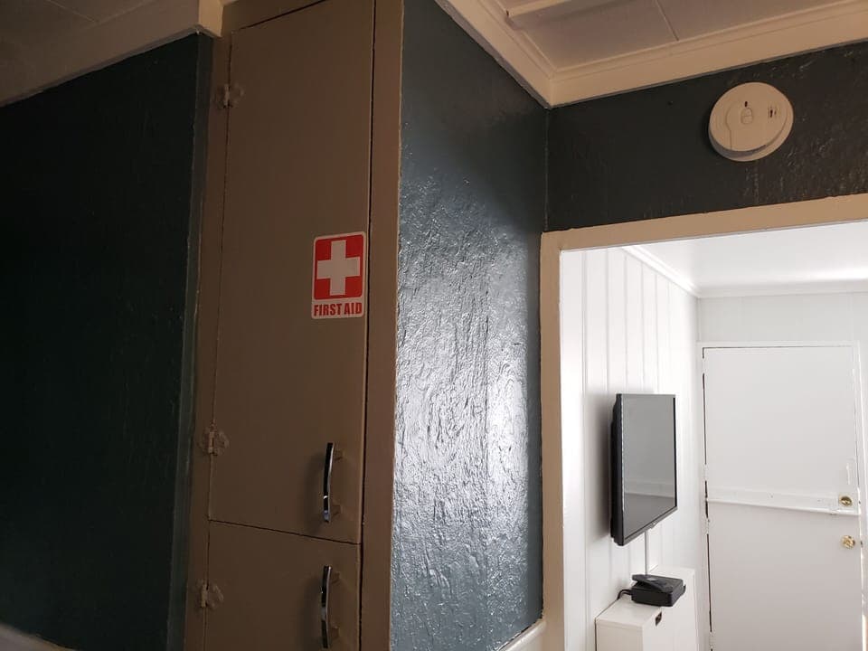 The first aid kit location is well marked and hopefully will never be needed.