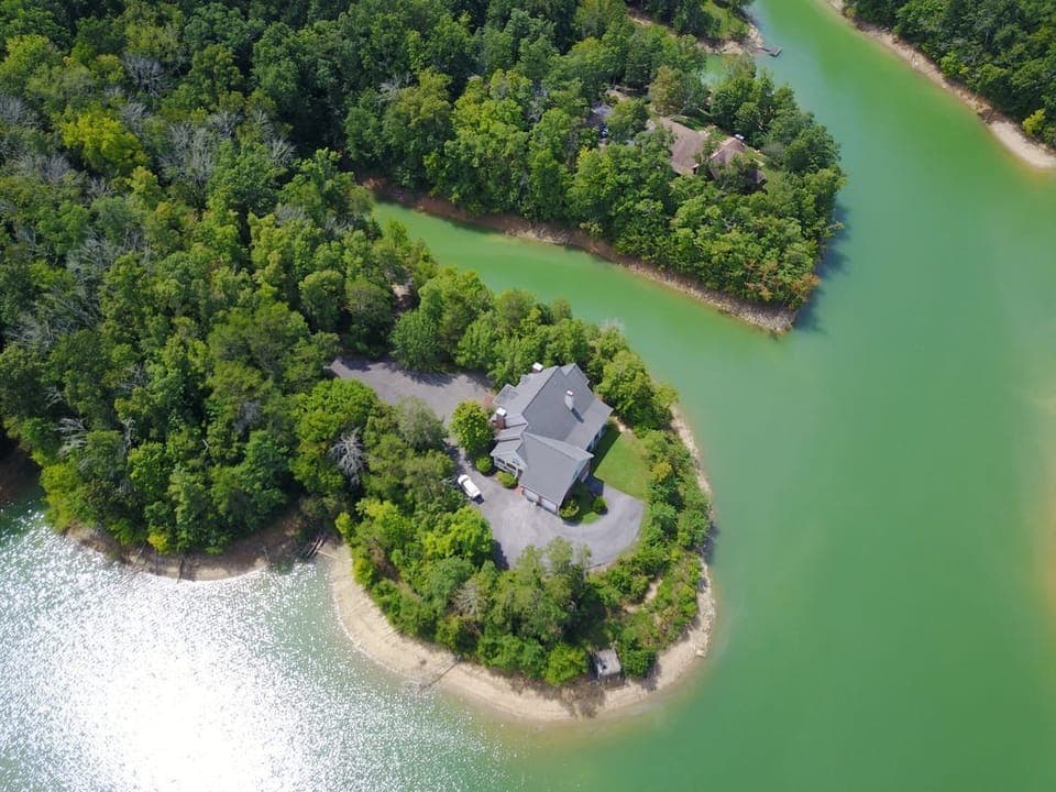 Aerial view of the Lake House & the private 5 acres peninsula