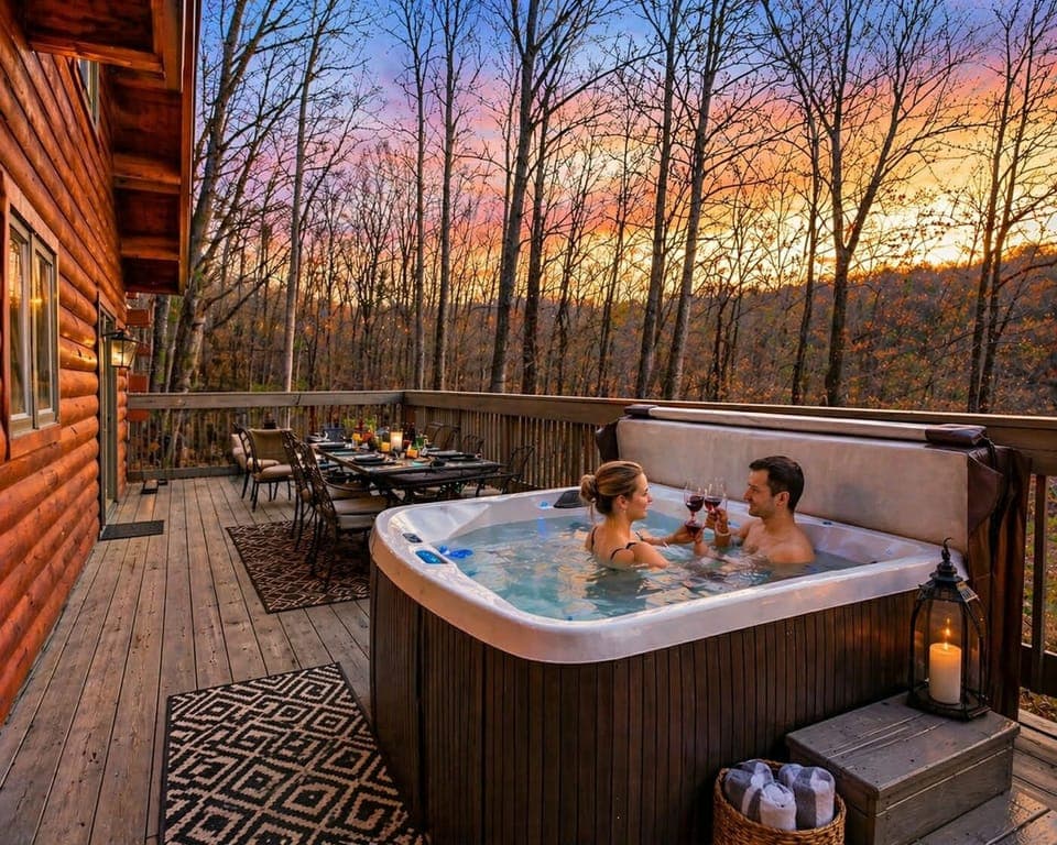 Expansive deck with hot tub, outdoor seating, and firetable