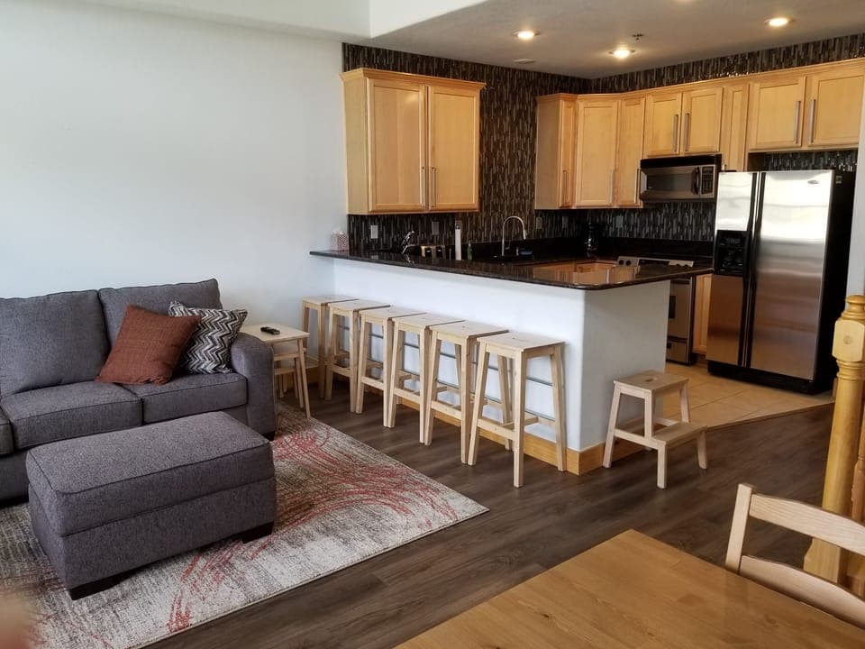 Living area and updated kitchen