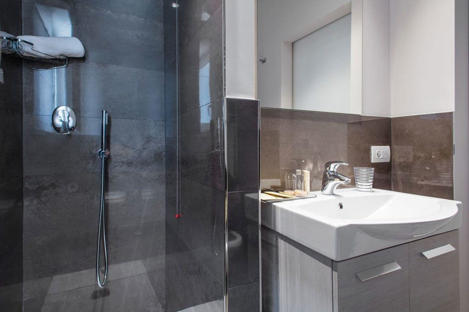 Shower, free toiletries, bidet, towels