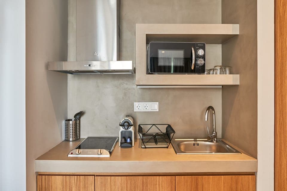 Fridge, microwave, stovetop, espresso maker