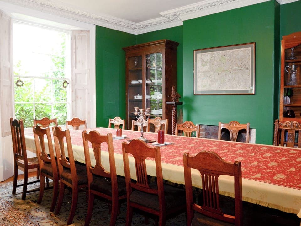 Dining room with ornate cornice and open fire | Abbotts Farm, Horbling, near Sleaford