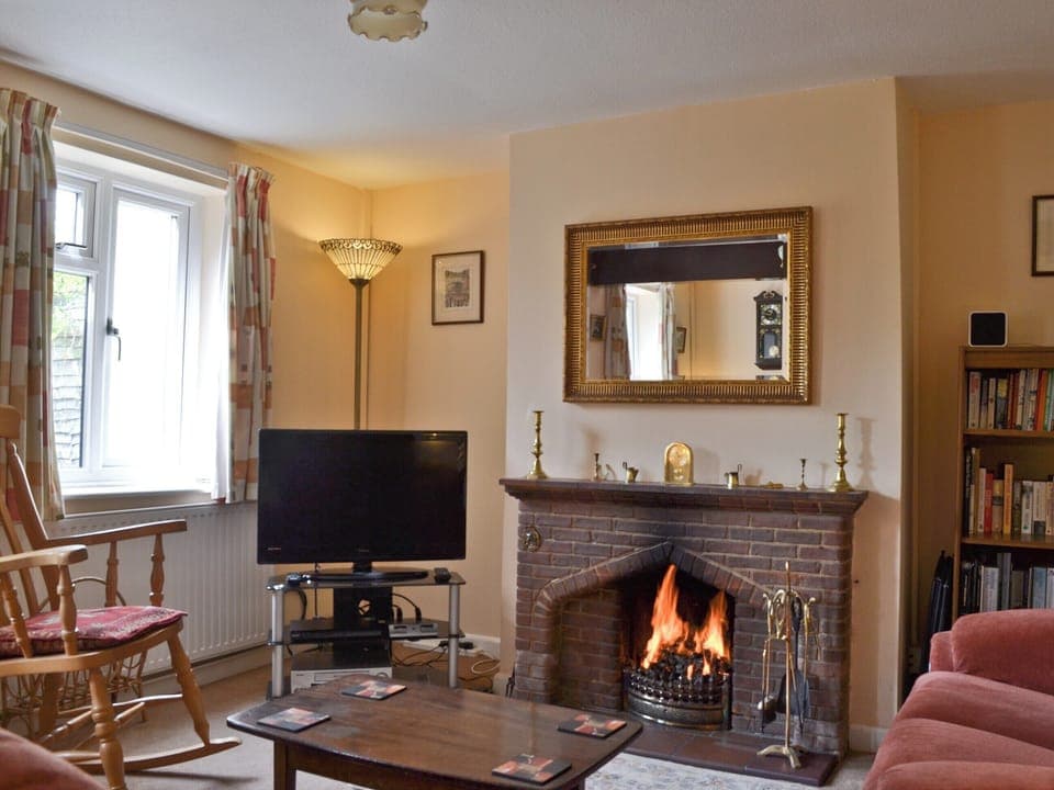 Living room with real fire | Honeysuckle Cottage, Minsterley, near Shrewsbury