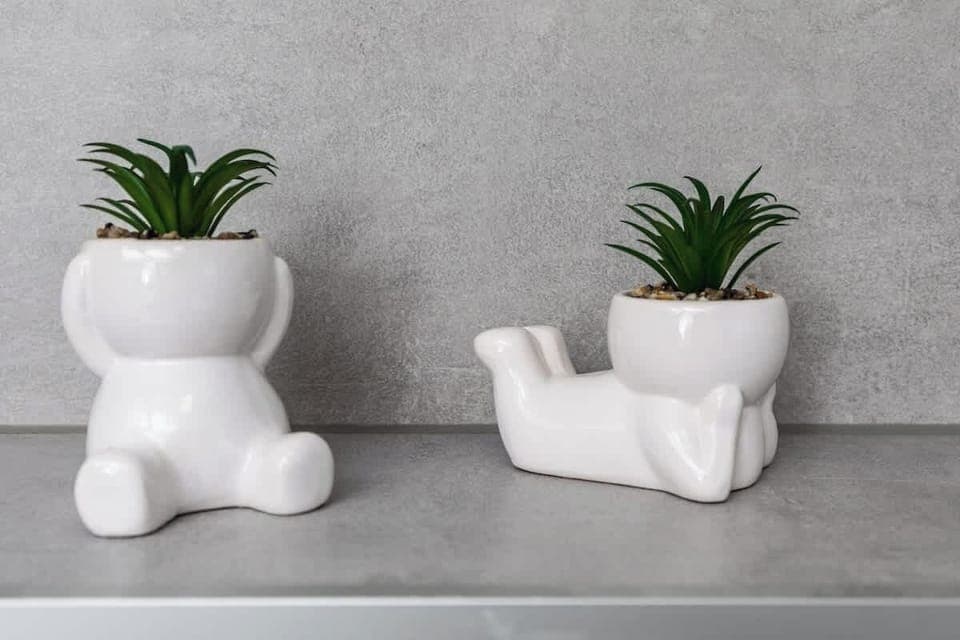 Two decorative potted plants sitting on a white shelf, adding a minimalist and natural accent to the space.