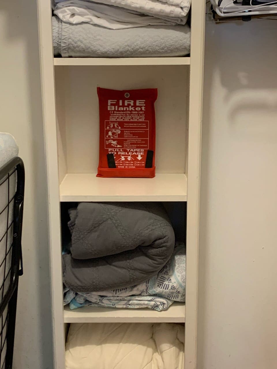 Fire Blanket in master closet.  There is also one by the garage door 