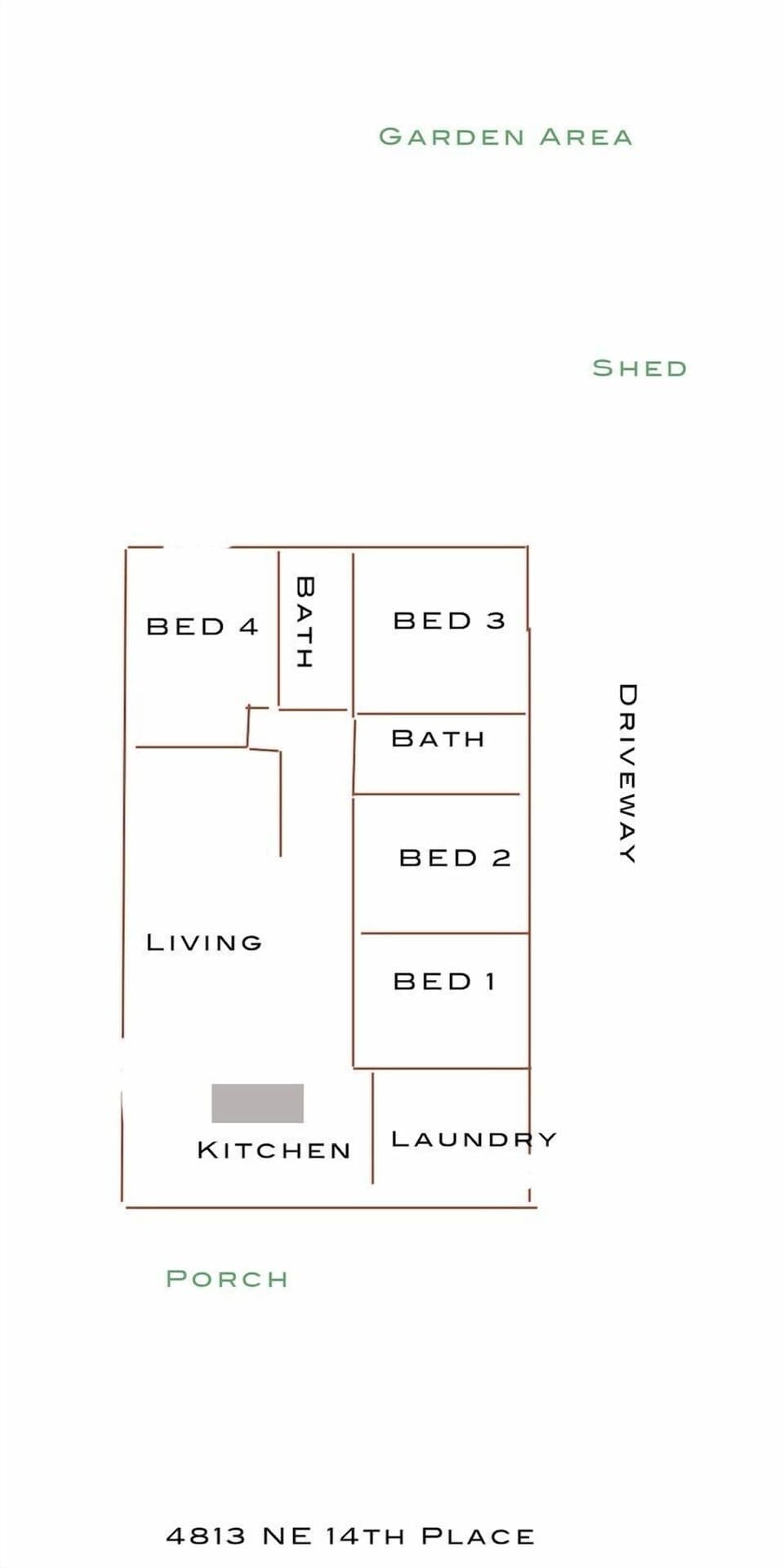 this is the layout. Rear bathroom has doors to both bedrooms.