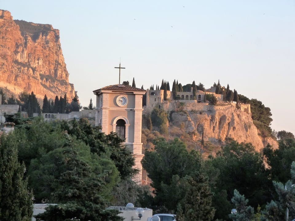 Clock tower in evening light from the balcony
