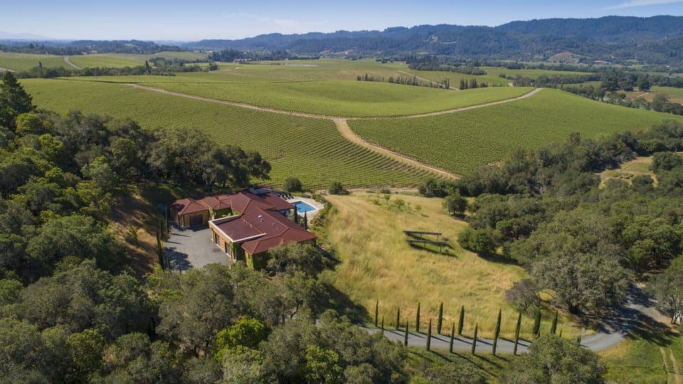 Ariel view of villa and Dry Creek Valley vineyards