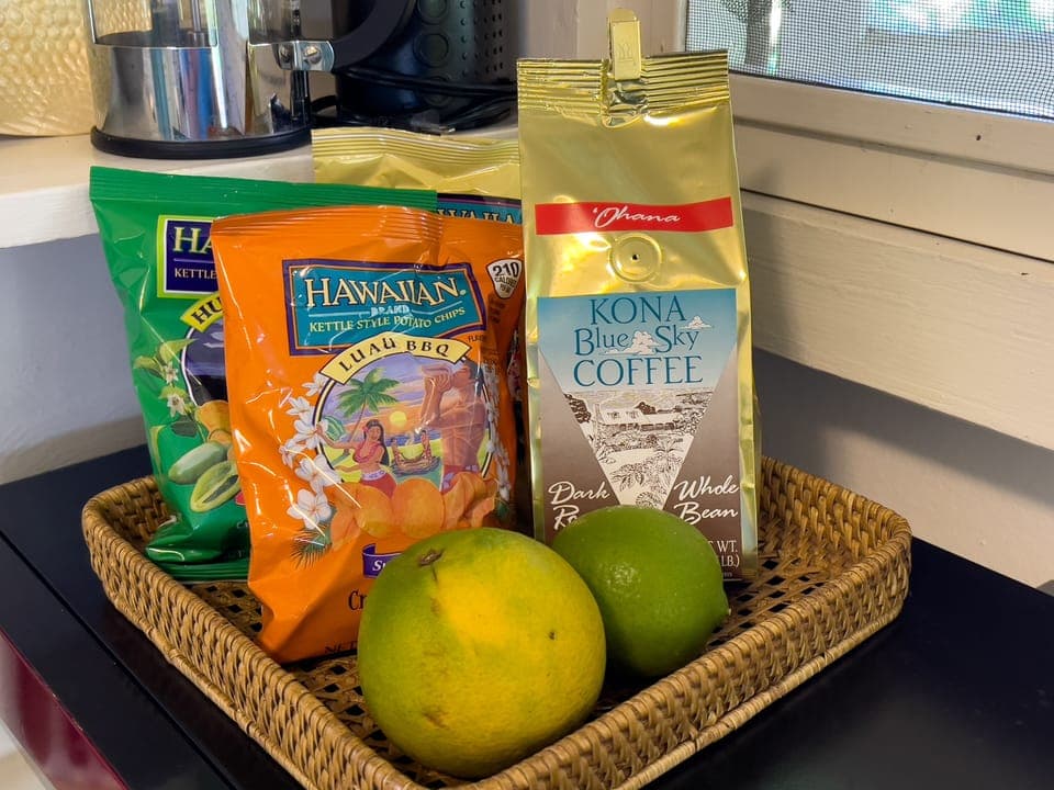 Complimentary 4 oz. bag of Kona coffee roasted steps away. Fruit when in season