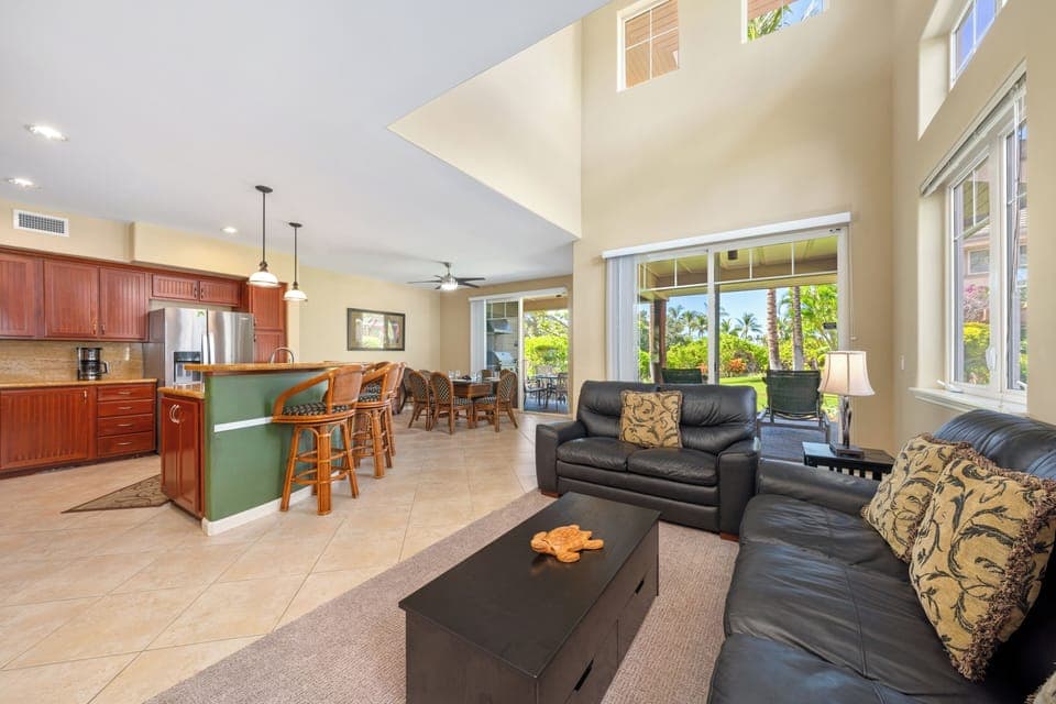 Living room flows into kitchen and dining