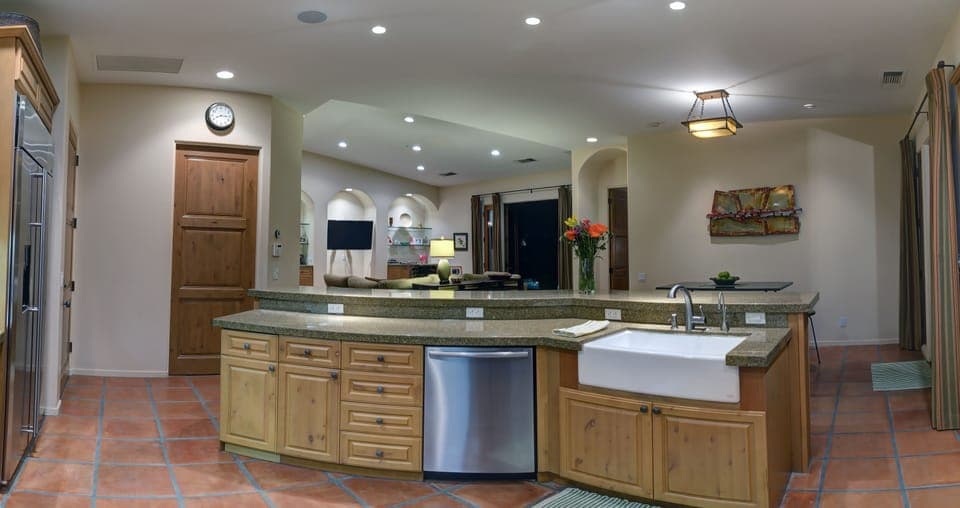 View from kitchen toward Great Room & TV viewing area w breakfast nook at right