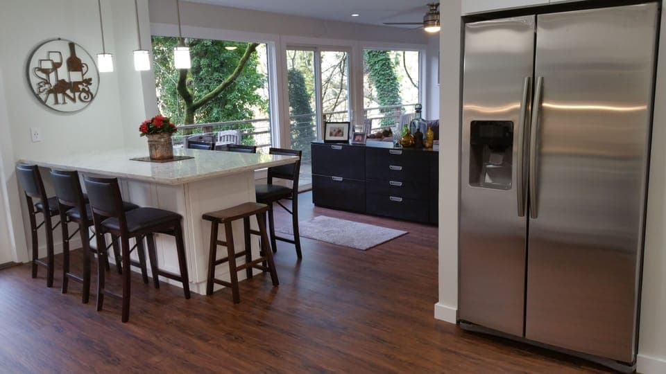 Fantastic open plan great room with views to the river and redwoods abound.