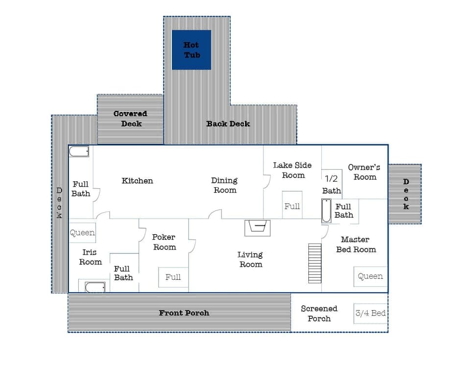 Basic floorplan, loft is  above the master bdm. Owner's room is private storage.