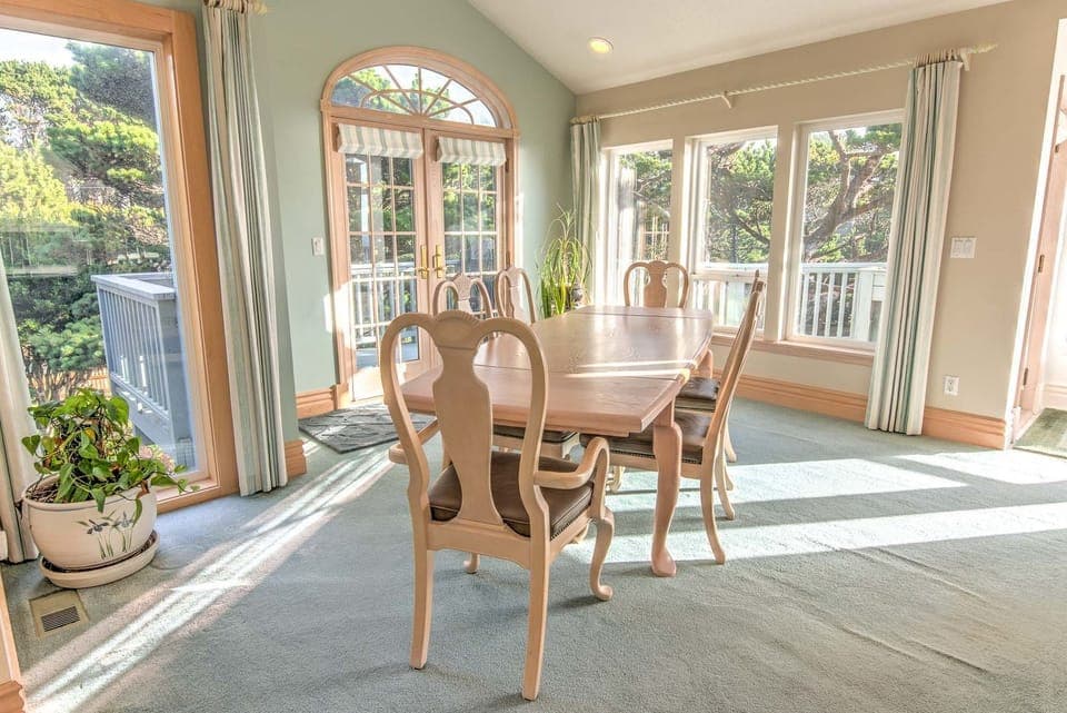 Upstairs dining room is filled with afternoon light.