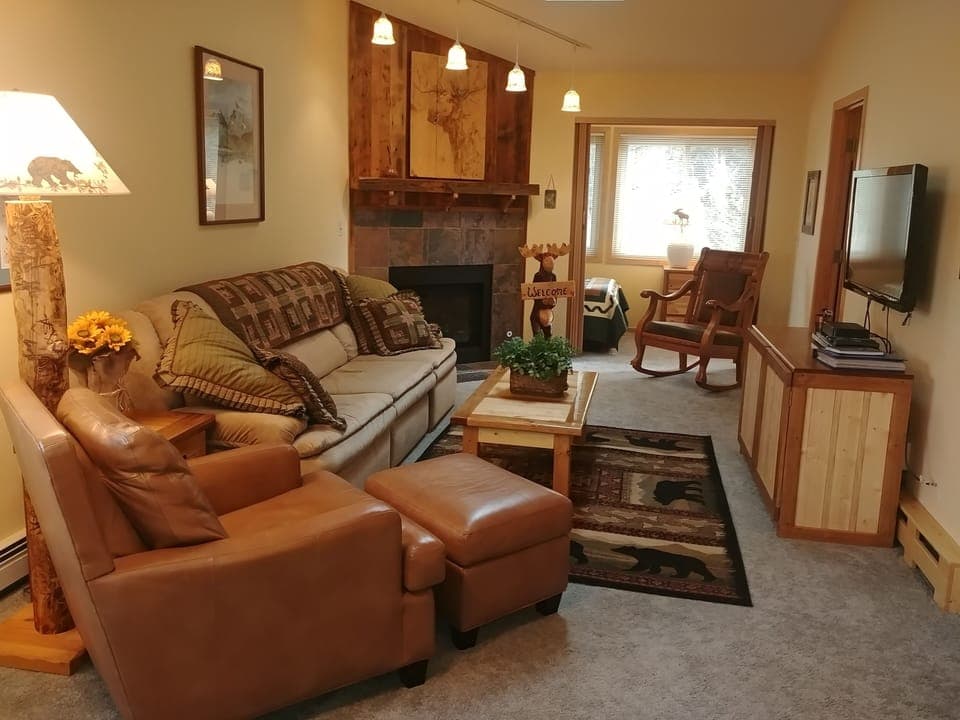 Living room with fireplace and flat screen TV; Sunroom with twin bed in back