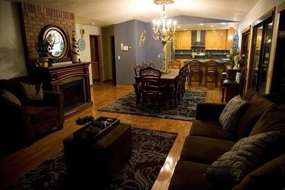 kitchen, dining room and living room