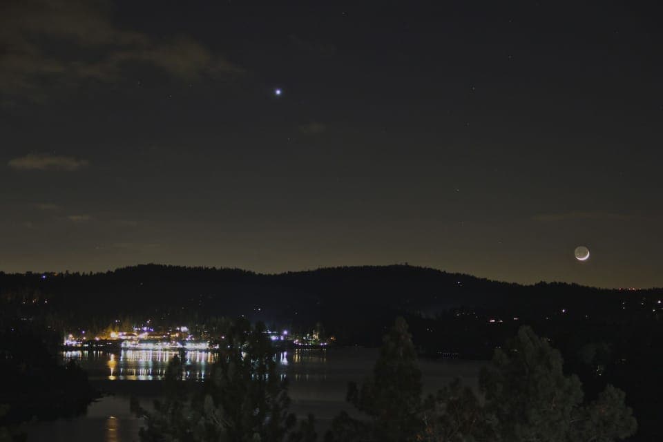 Crescent Moon over Lake Arrowhead--View from the deck