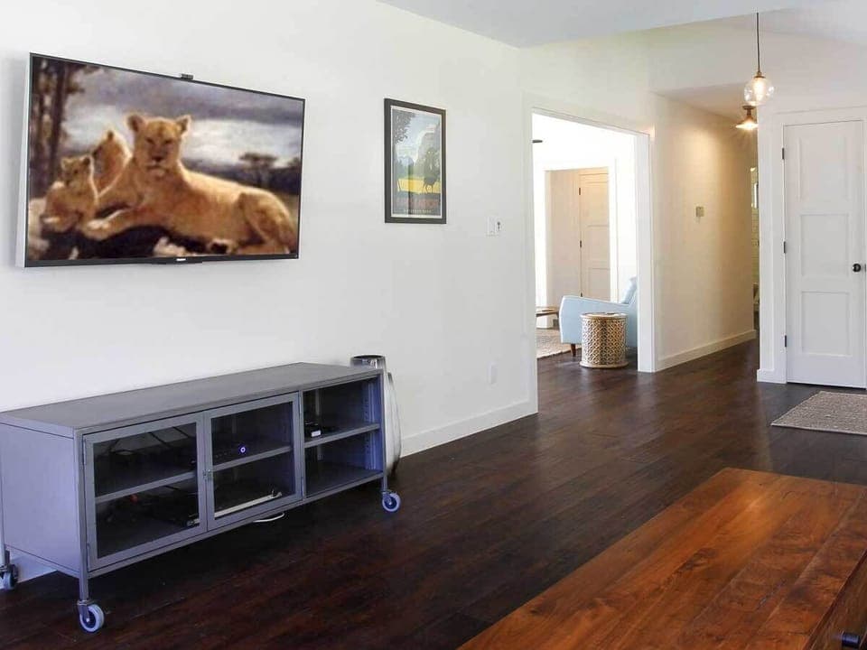 Flat screen TV, plank style wood floors & an assortment of games.