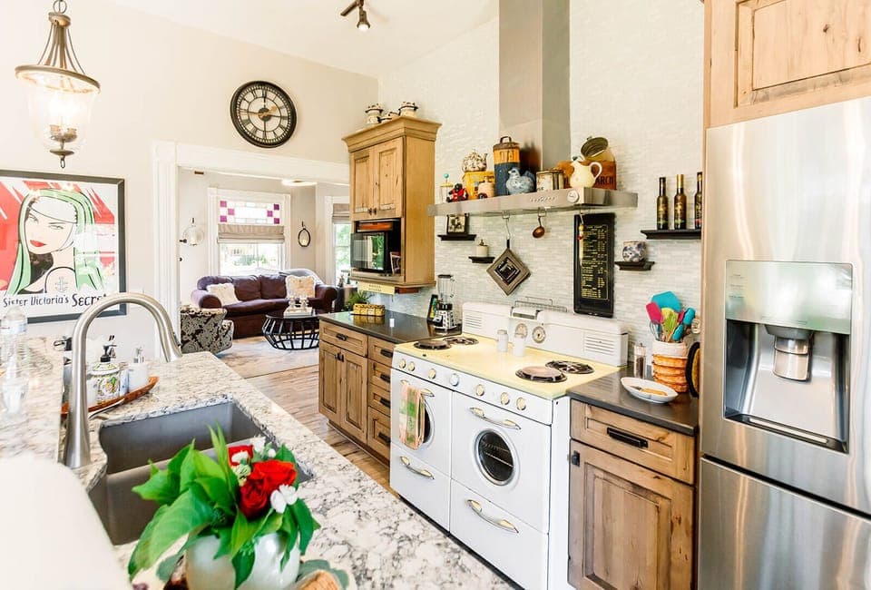 Great social connection between the living room and kitchen spaces.